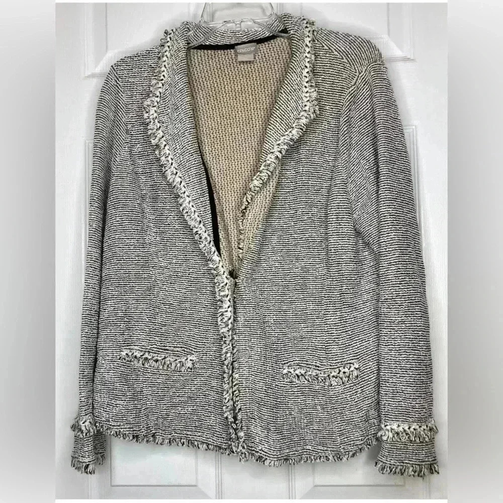 Woman CHICO’S Black White Tweed Fray Edge One Button Jacket Sz 2 Large EUC